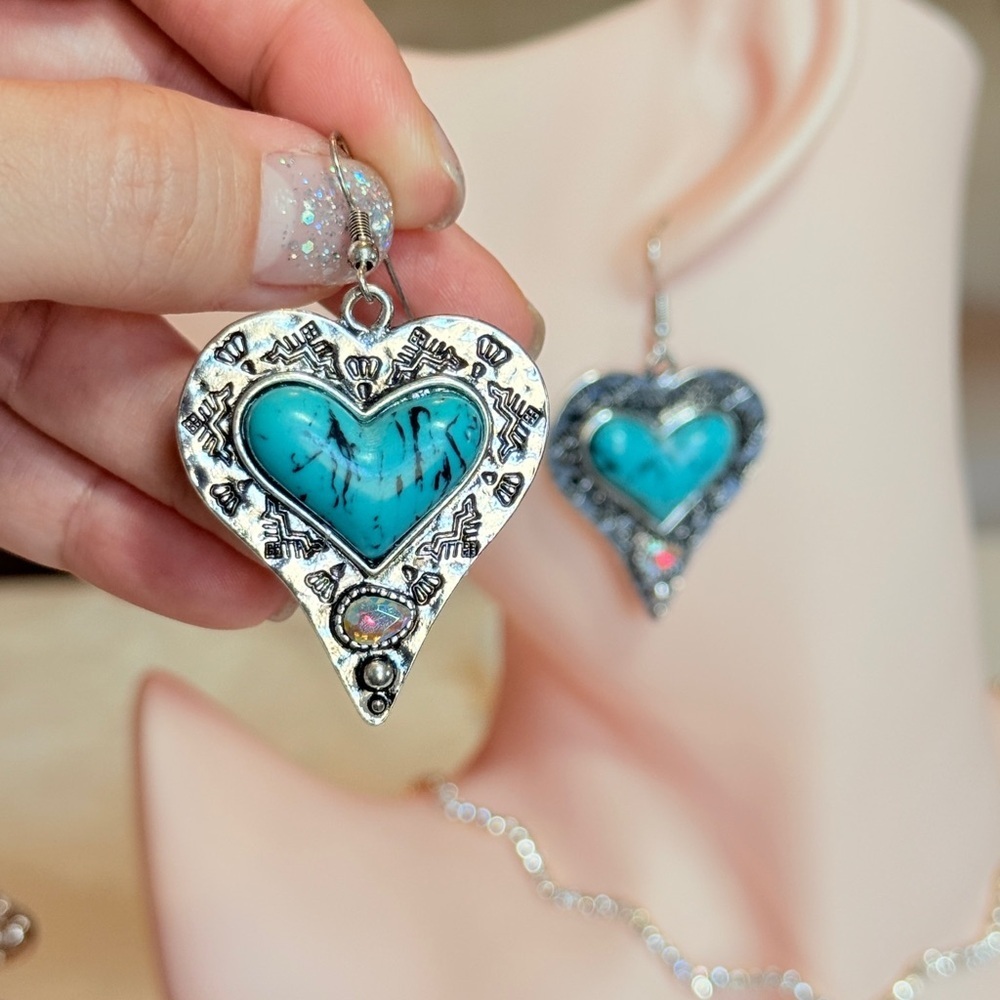 Western Silver Heart Earrings with Turquoise - Picture 5 of 11